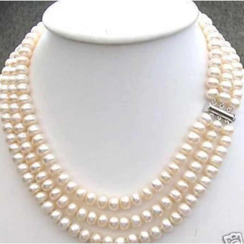 

Hand knotted 3 rows color 7-8mm freshwater pearls necklace length 17-19 inch pearl Jewelry