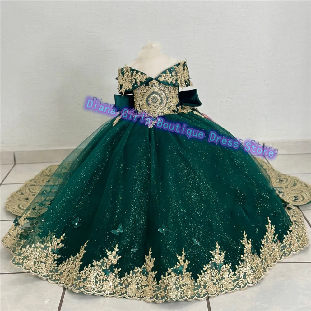Gorgeous Green Flower Girls Dress Wedding Dresses Off The Shoulder Gold Appliques Kids Birthday Party Dresses Evening Gowns 2