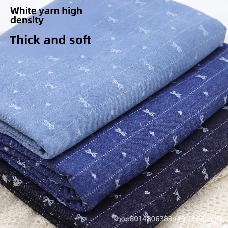 Retro Striped Embroidered Butterfly Knot Washed Denim Fabric Clothing Material Jeans Jacket Bag Fabric Chinese Brand AE Stock