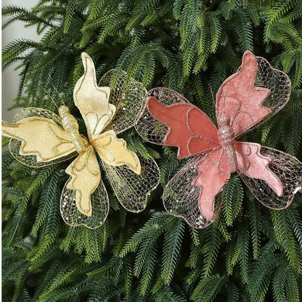 20cm Christmas Butterfly Ornament Fabric Glittered 3D Butterfly Decoration Realistic Decorative Christmas Tree Decorations