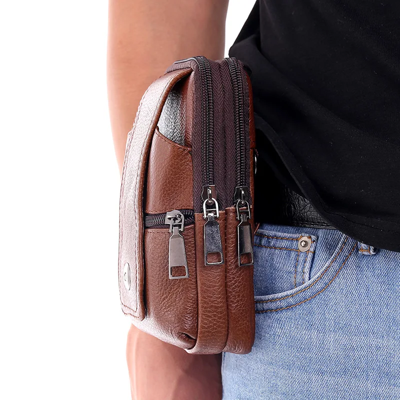 Men's Brown Leather Multi-Layer Buckle Waist Bag with Large Capacity
