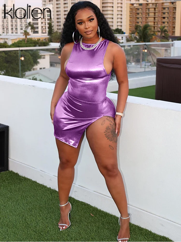 

KLALIEN Bright Color Two Piece Set Women Solid Sleeveless Bodysuit + Sexy Side Slit Mini Skirt Party Night Club Beach Outfits