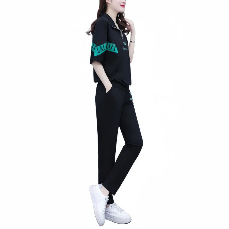Summer Women's Casual Sports Suit Fashion Oversized Loose Versatile Lapel Short Sleeve T-shirt Straight Leg Pants Two Piece Set
