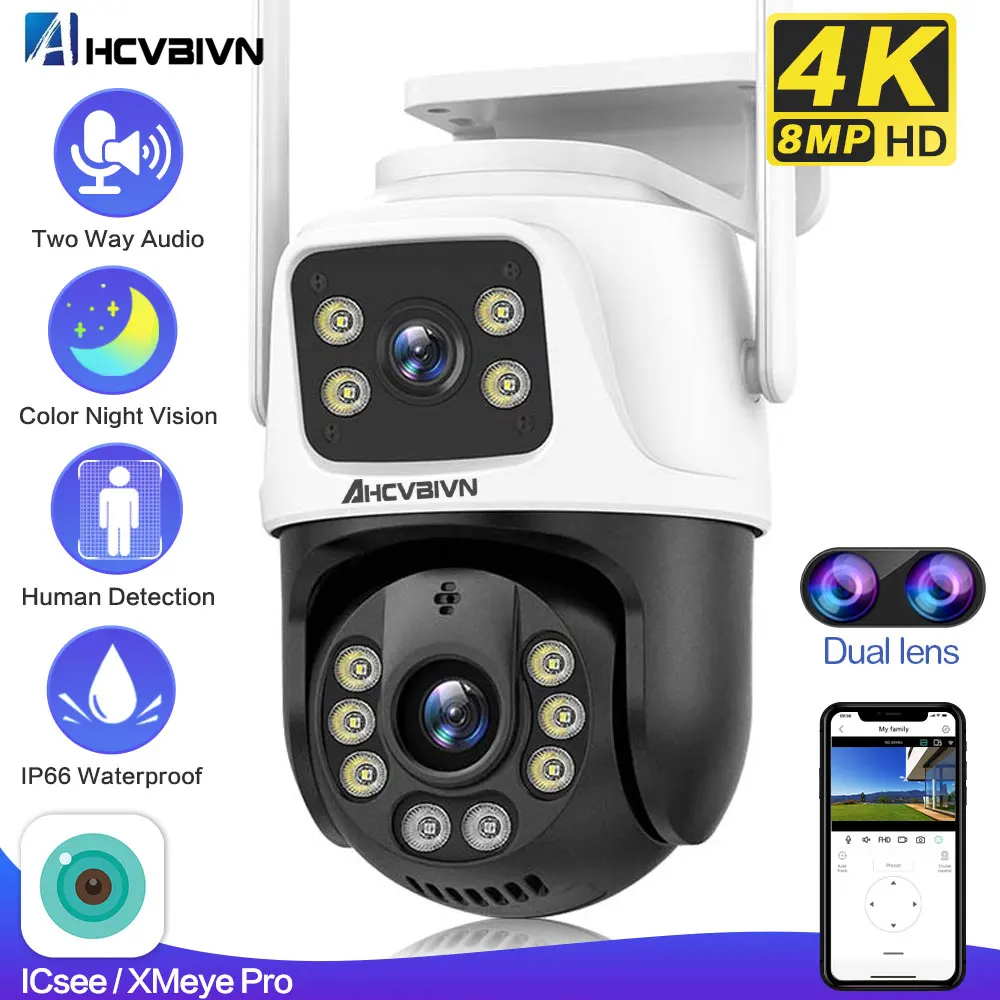 

4K 8MP PTZ Wifi Dual Camera Lens with Dual Screen CCTV Ai Human Detect Auto Tracking Wireless Outdoor Surveillance Camera