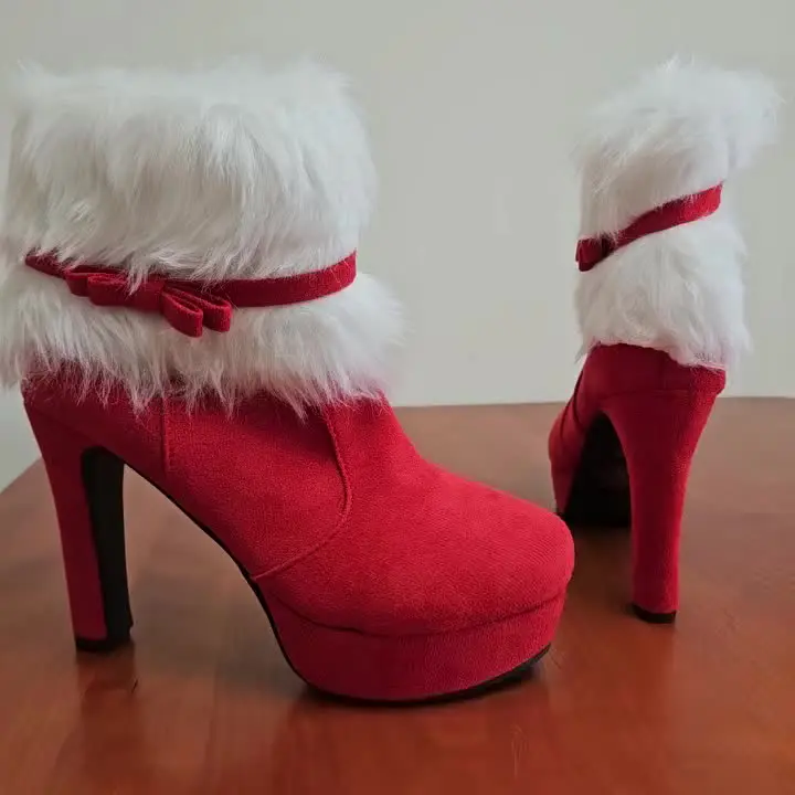 ERINGOGO Women's Christmas Ankle Boots - Fur Lined Suede Pointed Toe Platform Heel Booties With Side Zipper