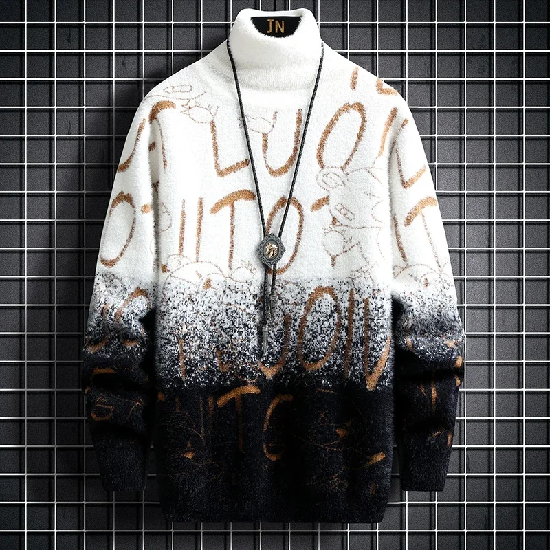 

Fall Luxury Cashmere Turtleneck Mens Sweaters Thick Warm Personality Letter Sweater Men Harajuku Male