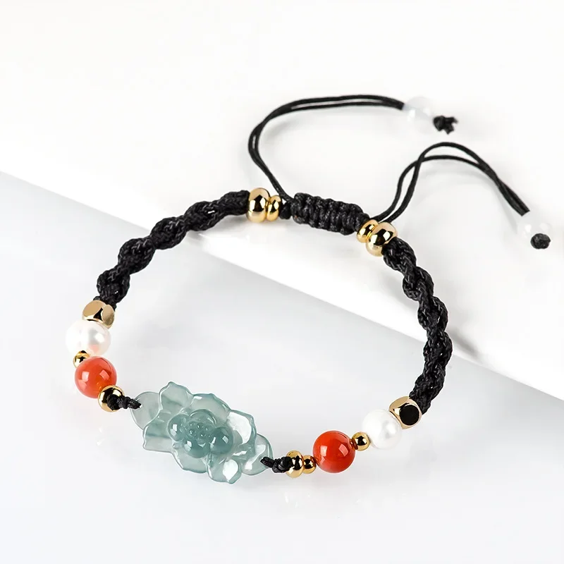 Blue Jadeite Lotus Bracciale Charm Donna Natural Birmano Jade Flower Talismans Gioielli Reali Accessori In Pietra Cinese Pietra Preziosa