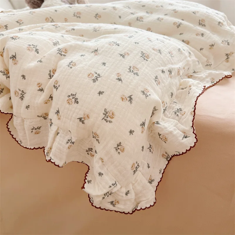 INS Princess Ruffle Edge Gauze 100% Cotton Pillow Case Breathable Duvet Cover Without Filler 3PCS Floral Home Bedding Set 6
