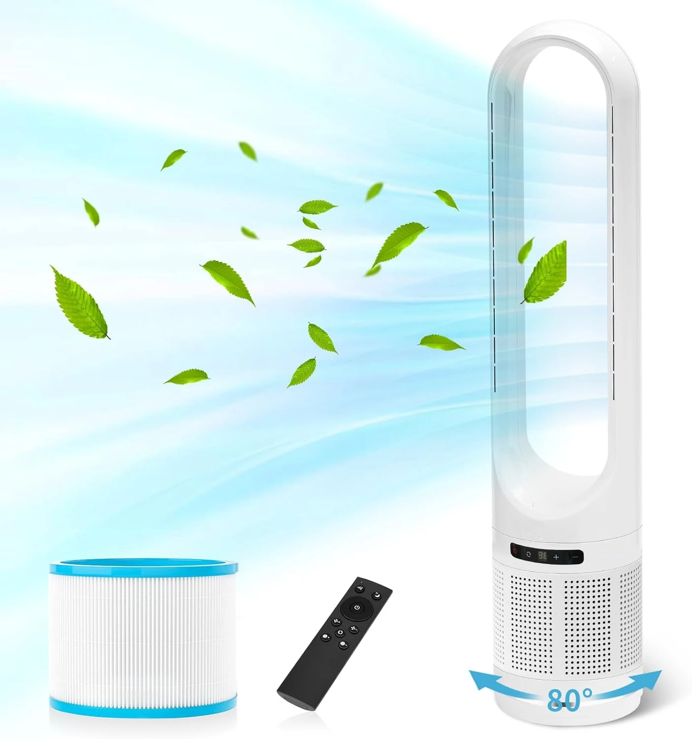 

Bladeless Tower Fan,25dB Quiet Cooling Standing Fan with Remote,Touch, 80°Oscillating 8 Speeds 9H Timer,32 inch Large