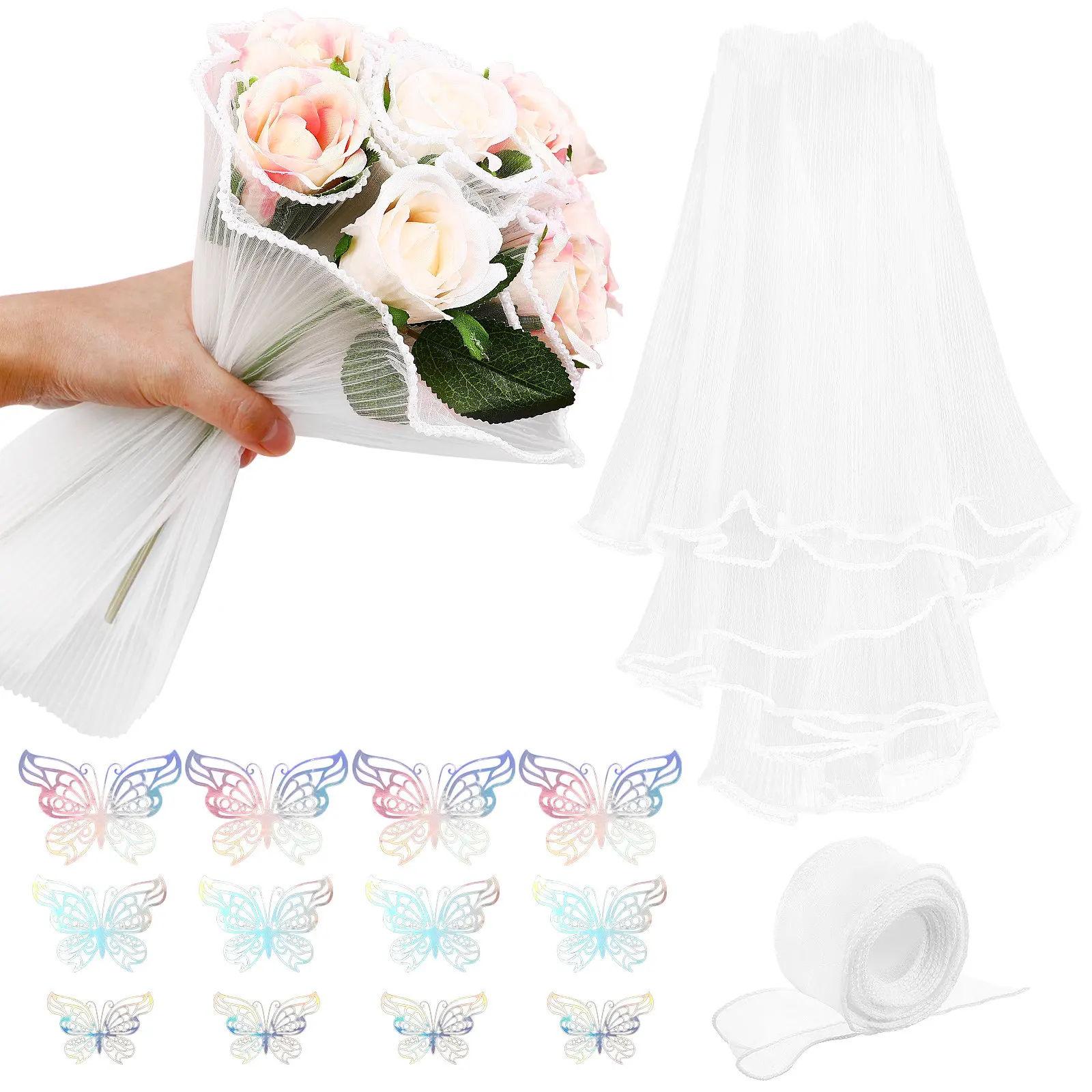 1세트 진주망사 꽃다발 포장용 꽃무늬 종이 나비 장식 우아한 부드러운 원사 소재 리본 용품