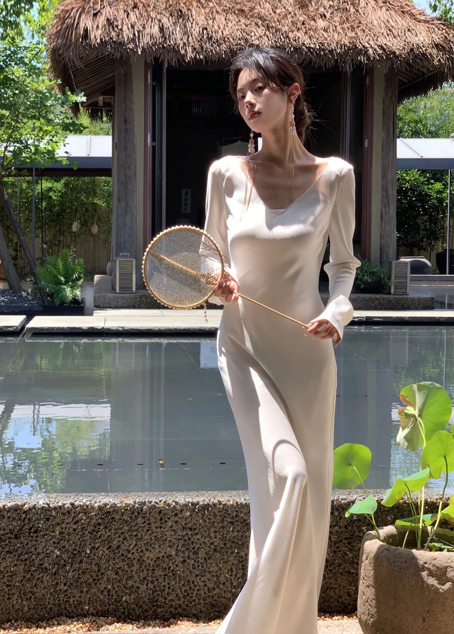 Vestidos largos de satén de otoño para mujer, vestido de fiesta de noche para boda, vestido de graduación, vestido de sirena de una pieza con cuello en V y mangas largas