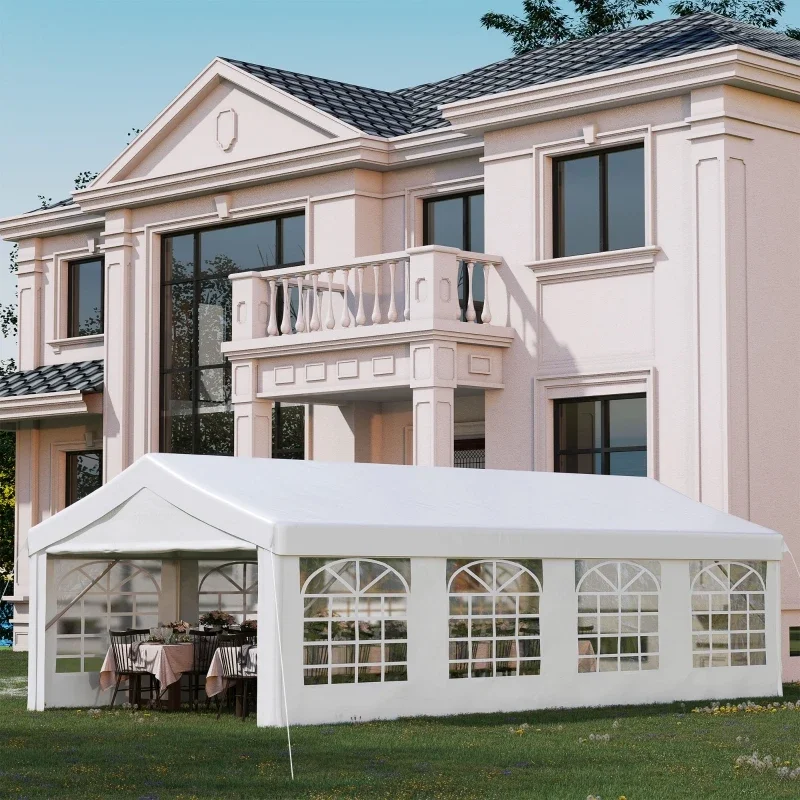 Tenda Per Eventi Per Feste Con Posto Auto Coperto All'Aperto Resistente Bianca 13 'X 26', Padiglione Per Gazebo Con 4 Pareti Laterali, 8 Finestre Per 