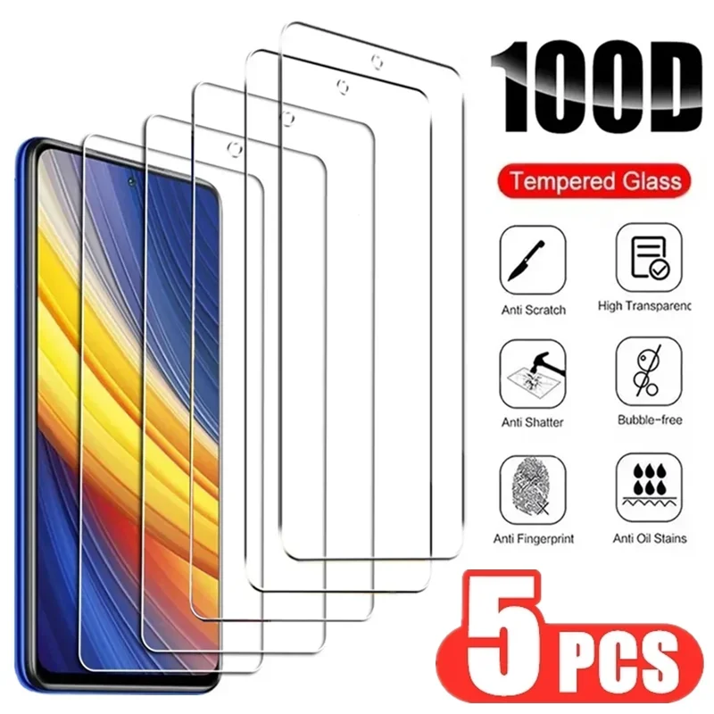 5PCS Tempered Glass for Xiaomi Poco X3 F5 Pro C40 X4 GT X3NFC F3 F4 GT M5 M5S Screen Protector for Mi Poco F2 M2 M3 M4 X4 X5 Pro кожаный чехол с защитой от кражи для xiaomi mi poco c40 x4 m4 pro m3 x3 nfc f4 f3 gt f2 m4 x2 m5s pro