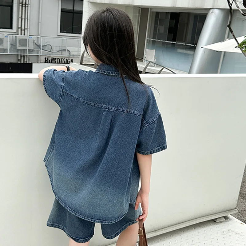 십대 소녀 반바지 세트, 그라데이션 컬러, 반팔 데님 셔츠, 짧은 2 개, 주니어 소녀 세트, 어린이 의상, 10, 12, 14, 여름