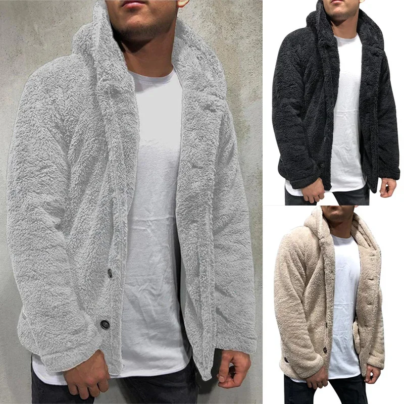 

2024 Winter Men's Cashmere Jacket Cardigan Coat Thickened Thermal Flannel Cropped Hood Boutique Clothing