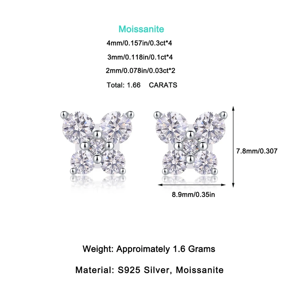 Vinregem GRA 3EX VVS1 D Color Real Moissanite Diamonds Gemstone Sparkling Ear Studs Earrings 100% 925 Sterling Silver Jewelry