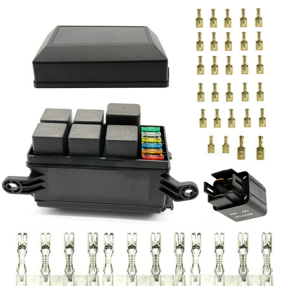 Bloque de caja de relé de fusibles impermeable de 12 V [6 soportes de relé  estilo Bosch] [6 soportes de fusibles ATC/ATO] caja de bloque de relé