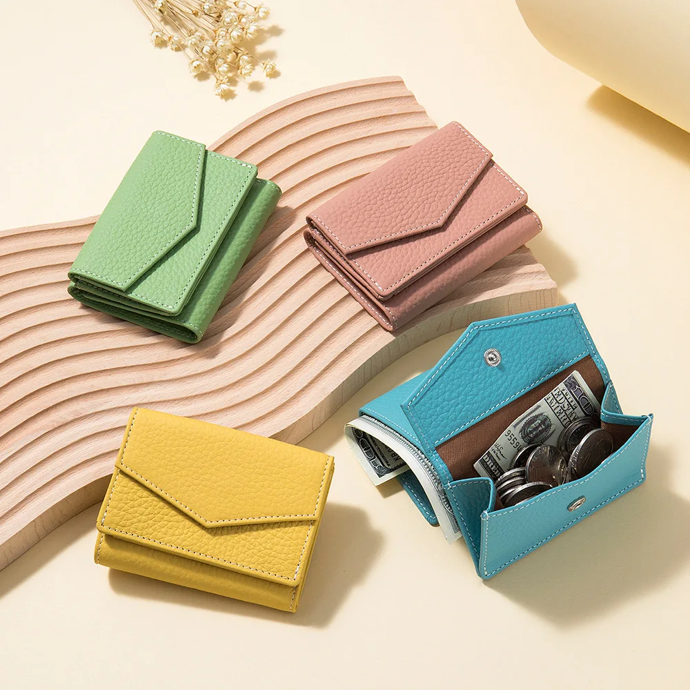 Candy Color Small Compact Cow Leather Womens Wallets Fashion Trifold Credit Card Holder for Women Short Wallet with Coin Pocket