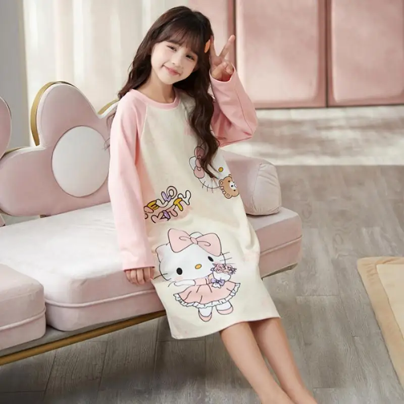 

Sanrios Anime Hellokitty Cotton Pajamas Keep Warm Kuromi Cartoon Long Sleeved Round Neck Comfortable Nightgown Kawaii Girl Gift