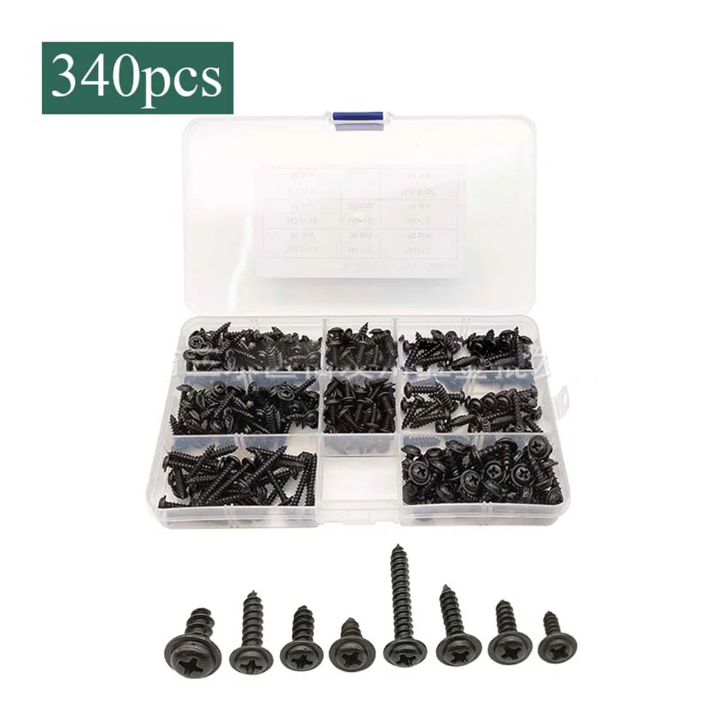 

340pcs Pan Head Tapping Screw Cross Head Self Tapping Screw Set Assortment Kit Black Furniture Carbon Steel
