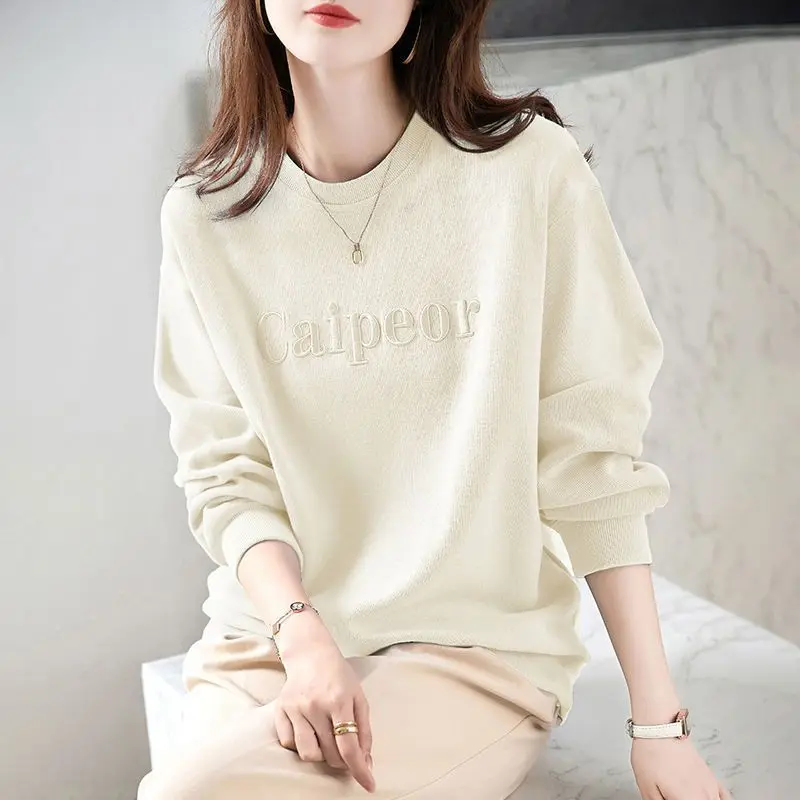 Women Simple Casual Streetwear Letter Embroidery Loose Sweatshirts Autumn Winter Trendy Solid Long Sleeve Fleece Pullover Tops