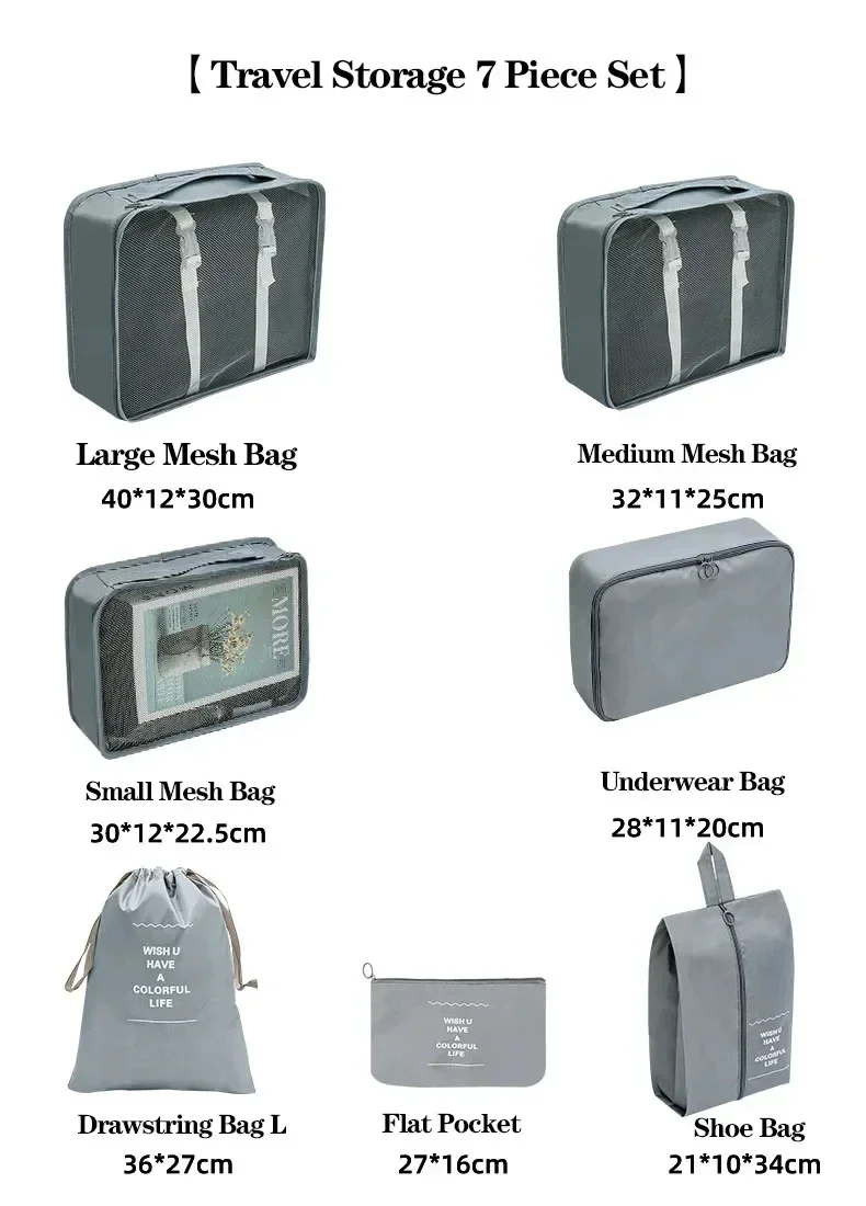 7-piece Set Travel Bag Organizer Clothes Luggage Travel Organizer Blanket Shoes Organizers Bag Suitcase Pouch Packing Cubes