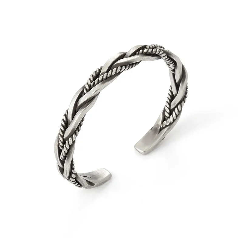 

925 Sterling Silver Men's Cuff Bracelets Leaves Pattern Twisted Open Cuff Bangle Vintage Fashion Jewelry