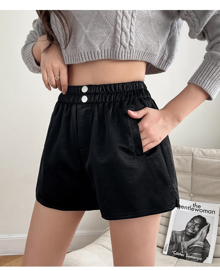 PU Leather Shorts Women 2021 Autumn Winter Solid Short Feminino Casual Elastic Waist Office Lady Fashion A-line Shorts Female plus size womens clothing