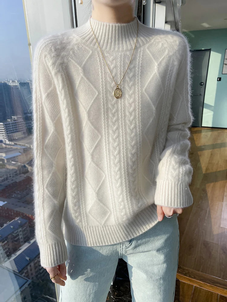 

Aliselect Autumn Winter Thick Women Sweater 100% Merino Wool Mock Neck Warm Pullover Long Sleeve Cashmere Knitwear New Fashion