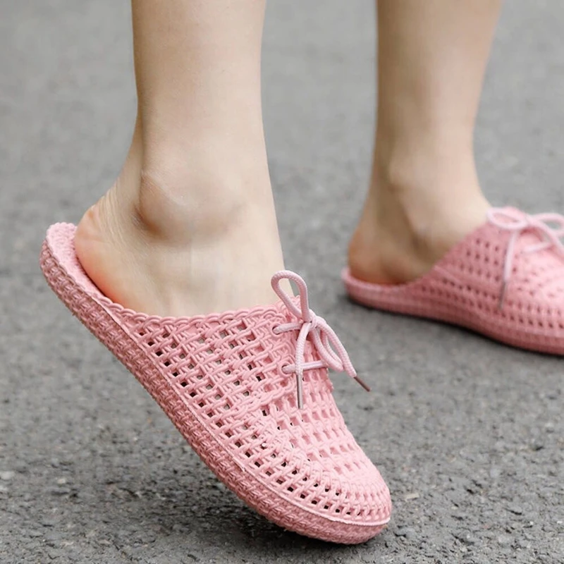 Women Sandals Summer Slide Korean Style Knitted Flat Slingback Outdoor Flip Flop Daily Walking