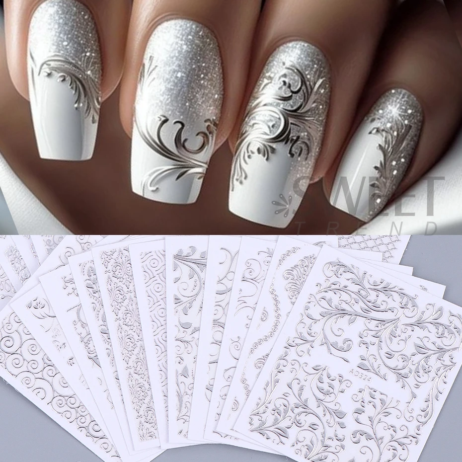 26pcs Metallic Lace Flowers Vine Nails Stickers 3D Retro Hollow Gold Silver Lace Line Self-Adhesive Nail Decals Manicure Decor