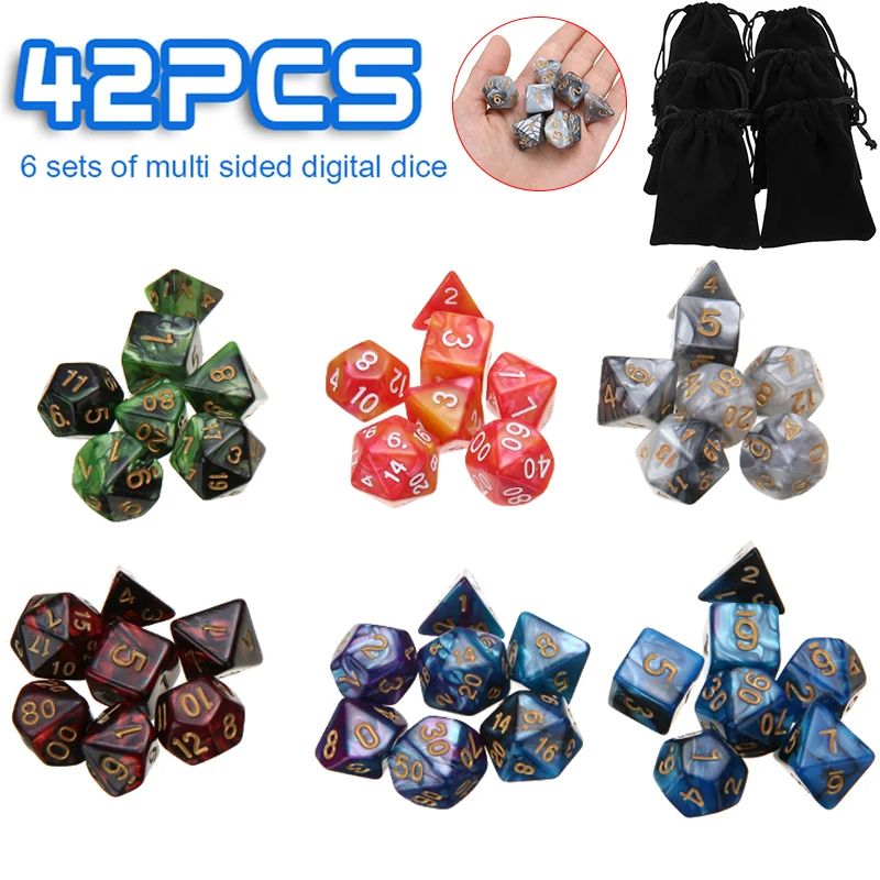 

New 42pcs/6Set Acrylic Polyhedral Dice Multi-sided Digital Dices Set With Storage Pouches For Playing Board Game