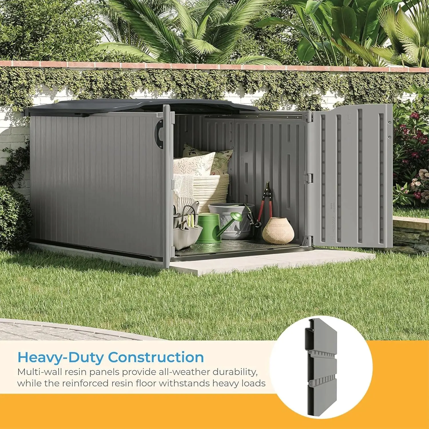 2025-hotGlidetop Horizontal Outdoor Storage Shed with Pad-Lockable Sliding Lid and Doors, All-Weather Shed 57.5" W x 79.75" D x