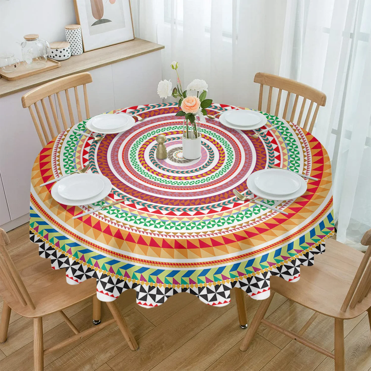 

Boho Color Pattern Round Tablecloth Waterproof Wedding Party Table Cover Holiday Dining Table Tablecloth