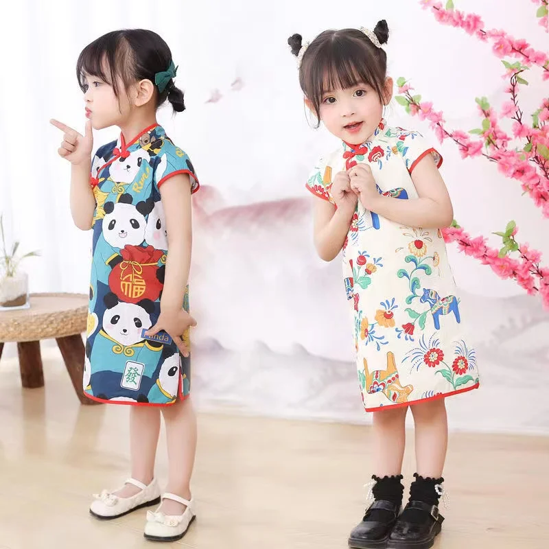 Hot Summer 2 3 4 6 7 8 9 10 Years Chinese Ethnic Vintage Style Crew Neck Floral Cotton Cheongsam Dress for Kids Baby Girls 2022