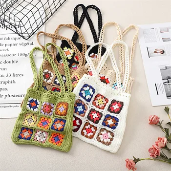 Handmade Crochet Bad Women Vintage Knitted Handbag Boho Style Retro Colorful Mini Bag Purses Holiday 1