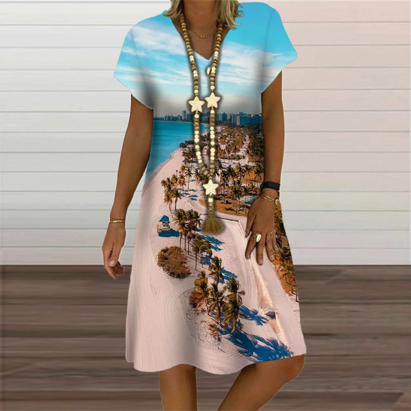 Natural Scenery Summer Tropic Beach Style 3D Print Dresses For Women Oversized Short Sleeve Loose Clothing Casual V-Neck Dress
