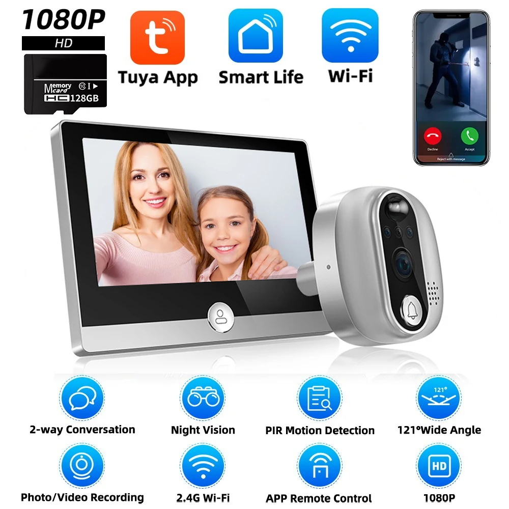 

Звонок дверной умный с функцией ночного видения и поддержкой Wi-Fi, 1080P