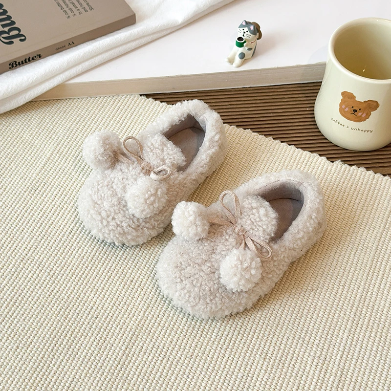 Girls Fuzzy Winter Shoes with Plush Ball Soft Sole