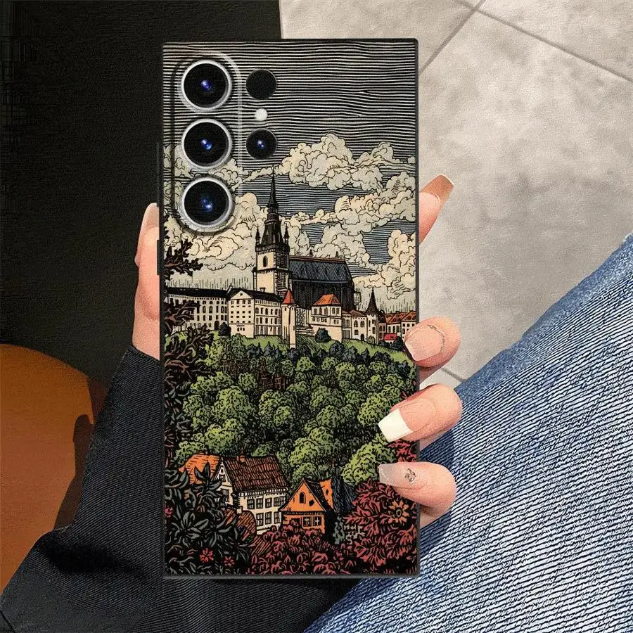 Black Soft Phone Cover Case with Vintage Castle Art Design