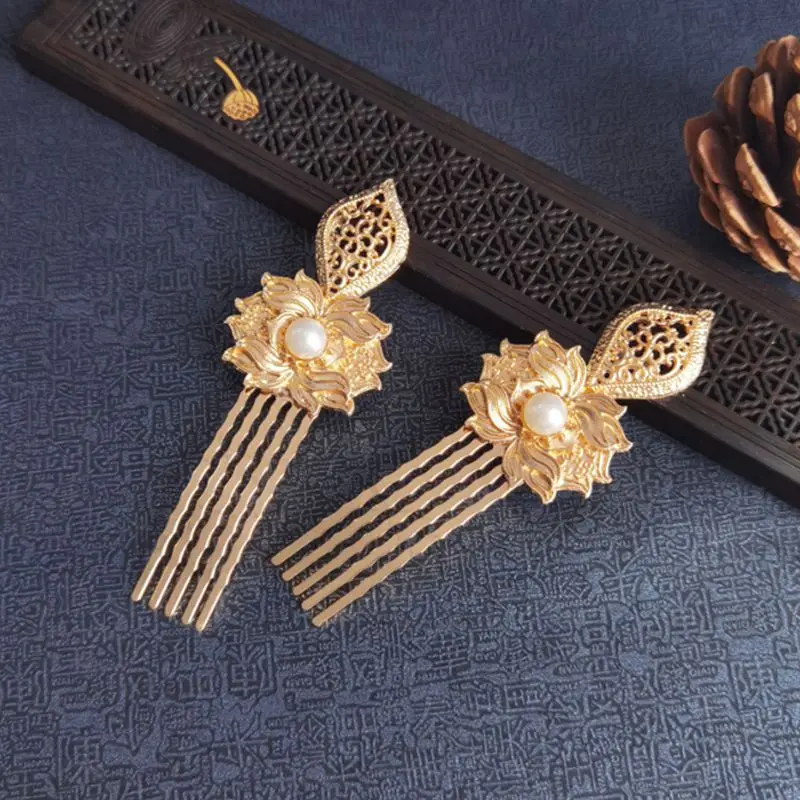 Vintage Hair Comb Metal Hair Accessories for Women Chinese Hanfu Hairclip 1 Pair