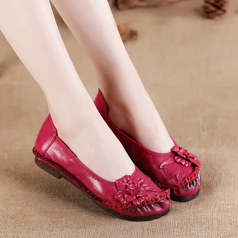 Women Loafers Xiuteng Genuine Leather Women Shoes Casual Flower Single Flat Round Toe Style Boat Shoes Soft Comfortable Women Flats