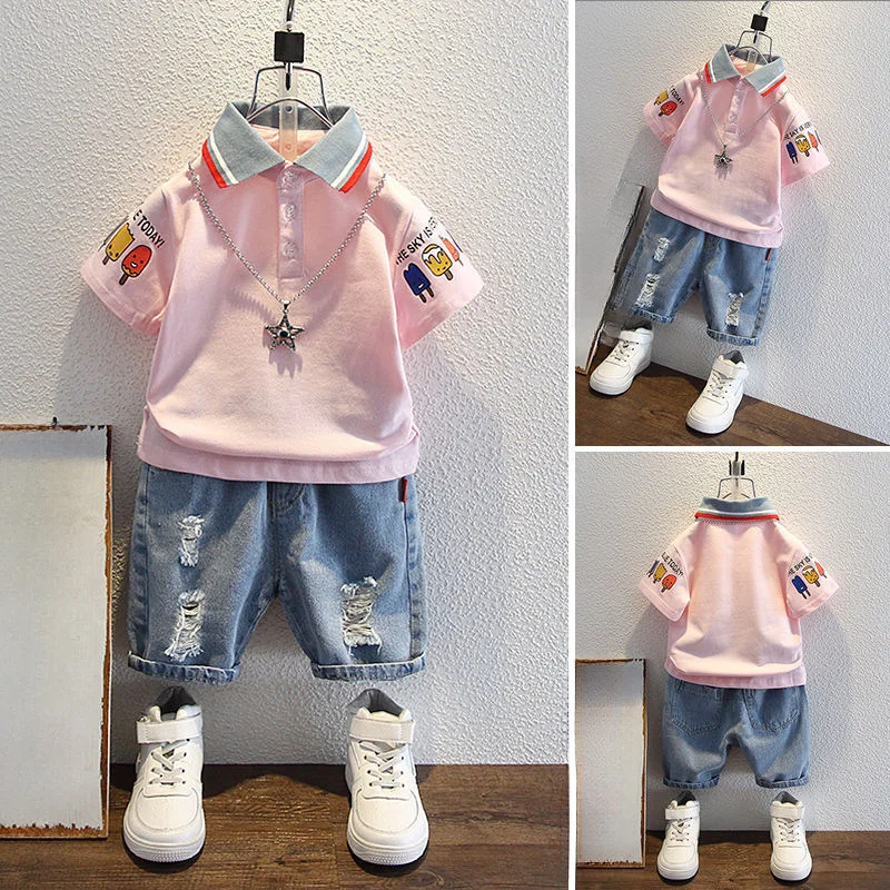 2-10 Years Kids Boys Clothes Set Summer Short Sleeve Cartoon Print Lapel T-shirt And Denim Shorts 2PCS Children Tracksuit Outfit 2