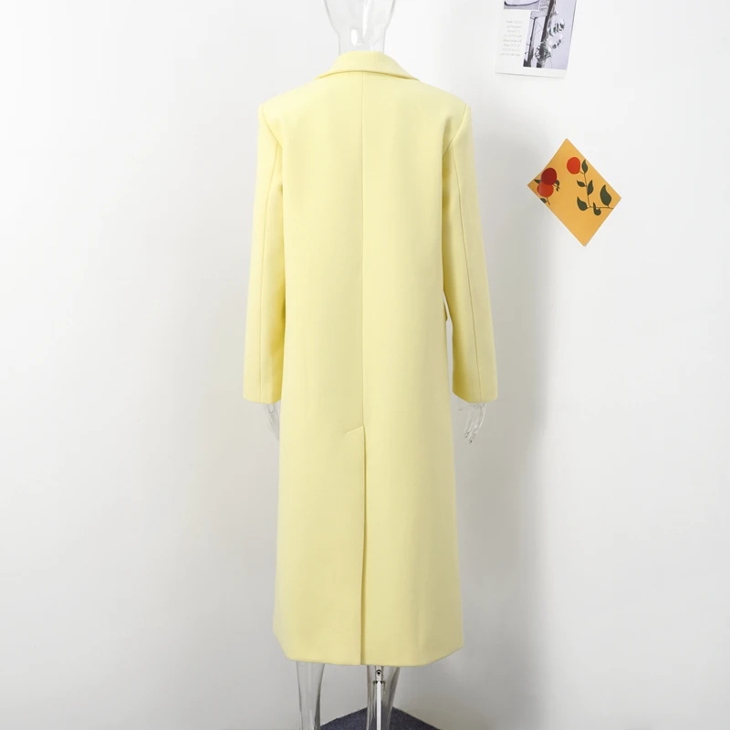 Fashion Woolen Long Coat Women Autumn Full Sleeve Button Fake Pocket Split Yellow Overcoat Elegant Oversize New in Outwear