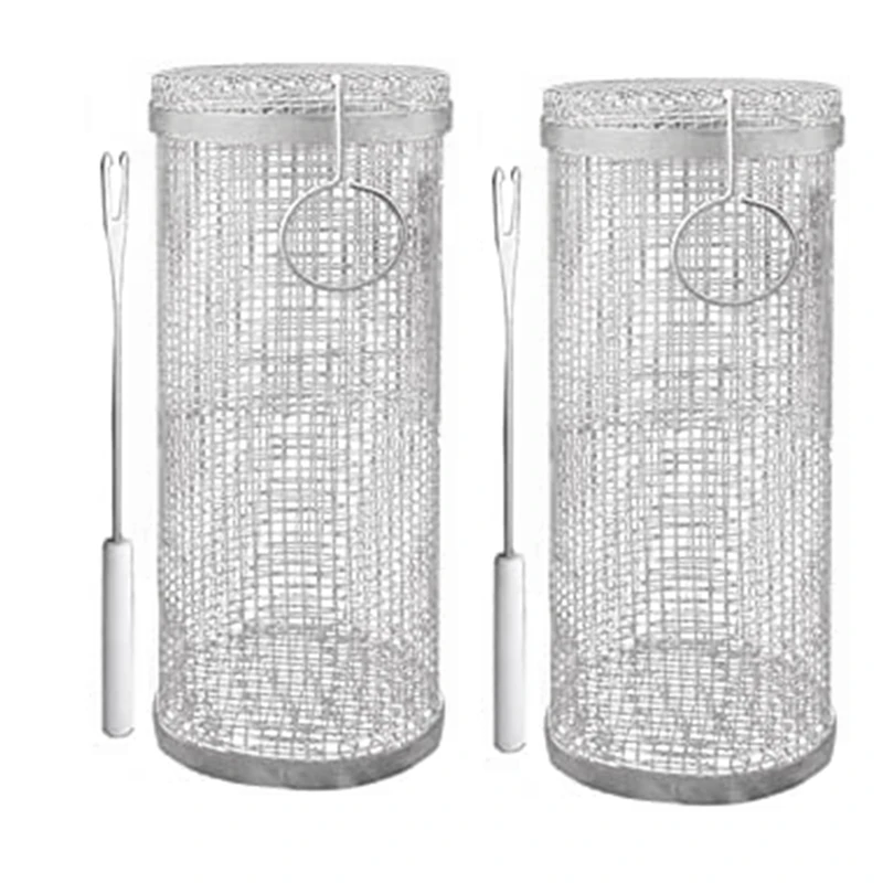 

2Piece BBQ Net Tube Rolling Grilling Basket Stainless Steel Wire Mesh BBQ Cylinder Greatest Grilling Basket Ever Silver