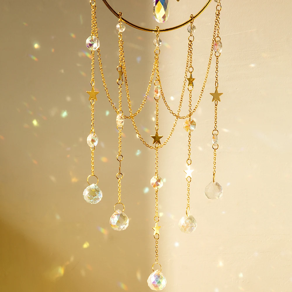 Chandelier Crystal Suncatcher Sun and Moon Window Hanging Ornament Stained Glass Prism Crystals Dream Catcher Garden Decoration