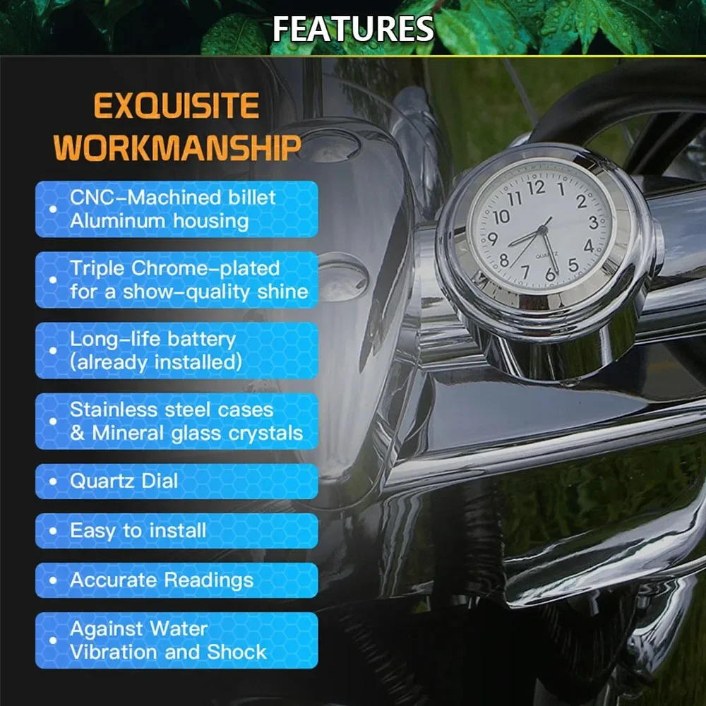 Waterproof Motorcycle Handlebar Clock & Thermometer Instrument Panel, 22-25mm Handlebar Mount