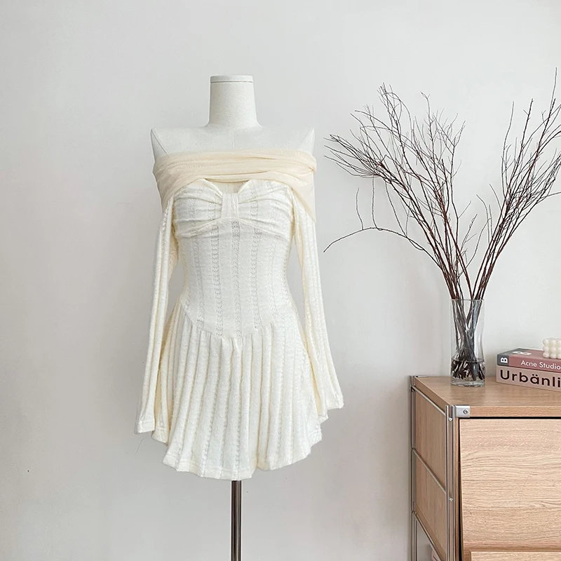 

Korean Fashion Sexy Knitted Dress Women Long Sleeve Chic Off Shoulder Slash Neck Autumn Winter Solid Color Simple Mini Dresses