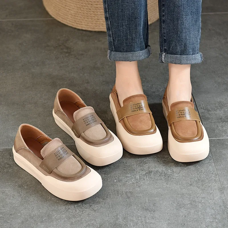 

Birkuir Square Toe Women Flats Shoes Genuine Leather Soft Soles Luxury Vulcanized Shoes Loafers Lady Mixed Colors Platform Shoes
