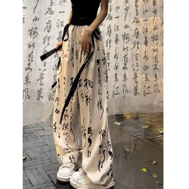 Calligraphy Text Ribbon Wide Leg Pants Summer Women's Ice Silk Cool Feeling New Chinese Lazy High Waist Casual Pants hard pen running regular script calligraphy copybook graphic text combination getting started technique tutorial book caligrafia